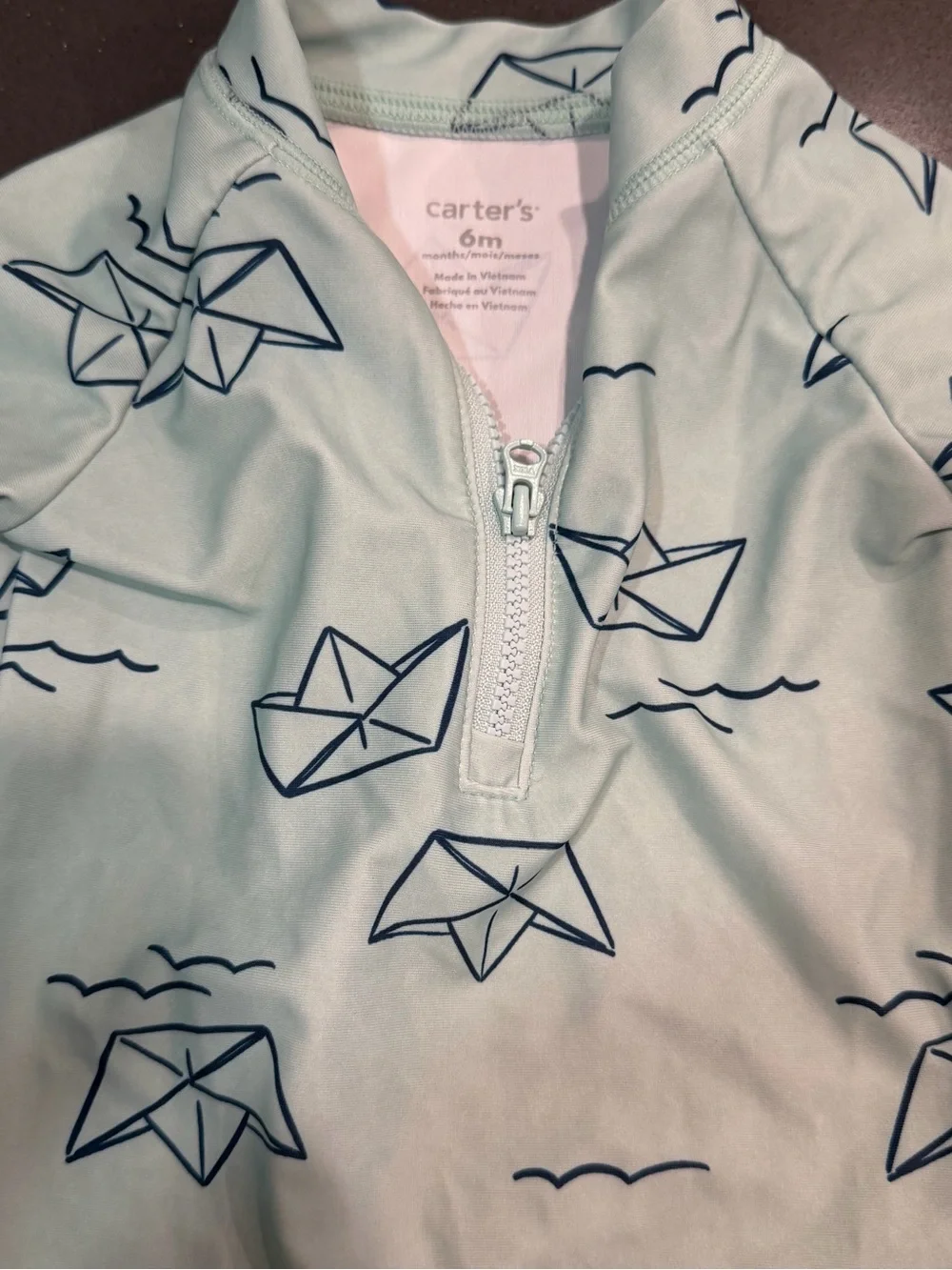 Carter's Mint Green Long-Sleeve One-Piece Swimsuit with Navy Boat Print